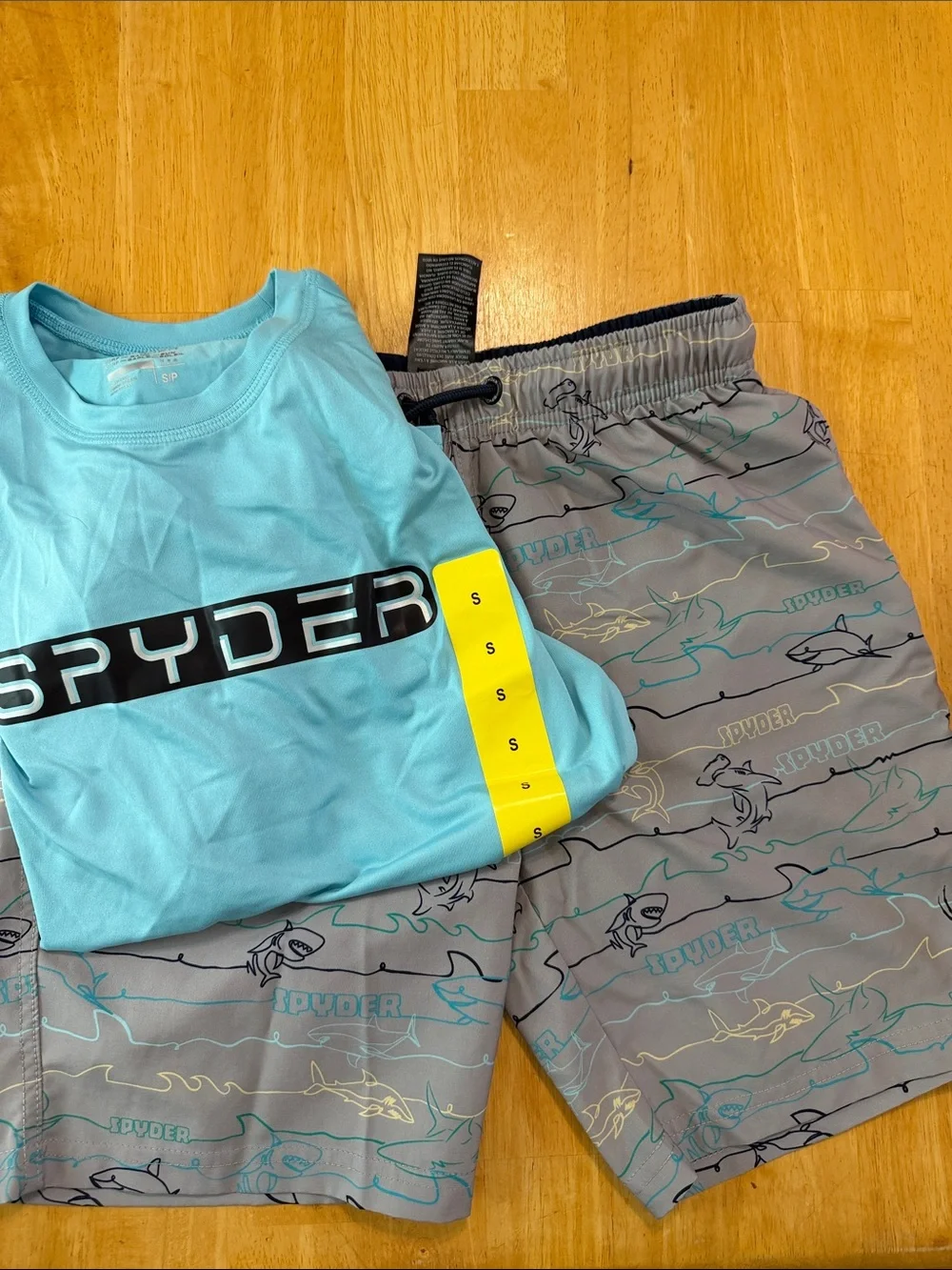 Spyder Boys Aqua Rash Tee with Gray Shark-Print Swim Trunks